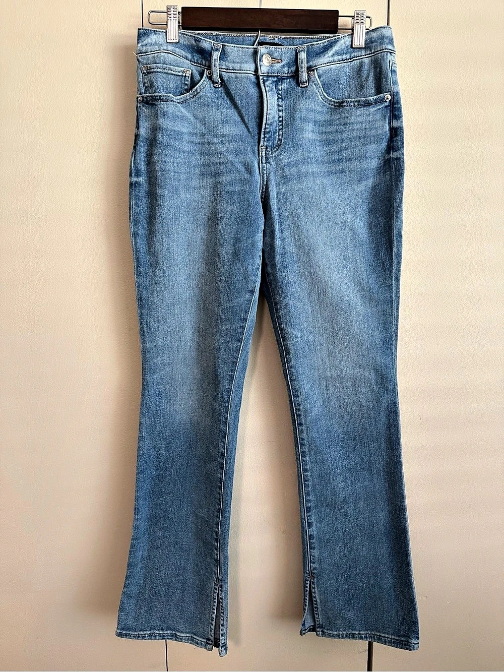 Express Skyscraper Mid Rise Hyper Stretch Split Hem Jeans Flare Jeans Blue Waist